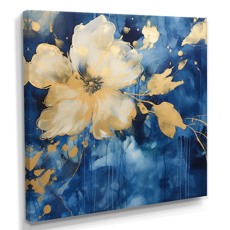 Bouton d'or jaune doré sur Nuevo Blue Glam - Art mural boutons d'or, Toile tendue, H 30 po x l 30 po x P 1 po