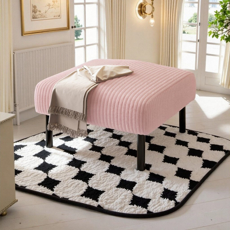 Corduroy Ottoman Footstool with Wooden Legs, Soft Padded Seat Footrest for Living Room Bedroom, Pink