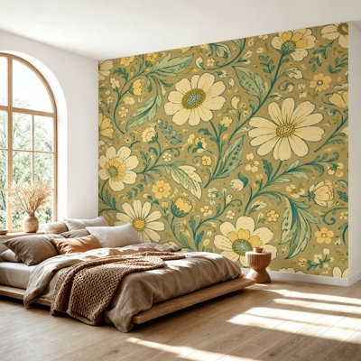 Papier peint auto-adhésif amovible, papier peint à la main, feuilles florales jaunes, vert olive, papier contact amovible pour salle de séjour H 69 po x l 96 po