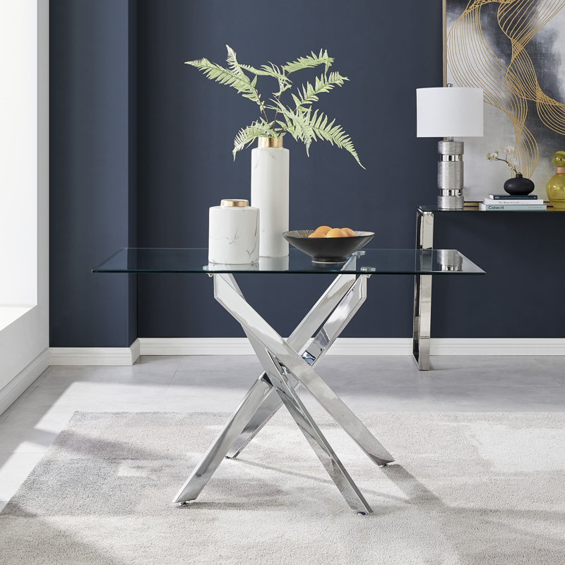 Arlen 50" Luxury Glass Pedestal Dining Table for 4 or 6 People, 29.9" H x 50" L x 29.9" W, Silver