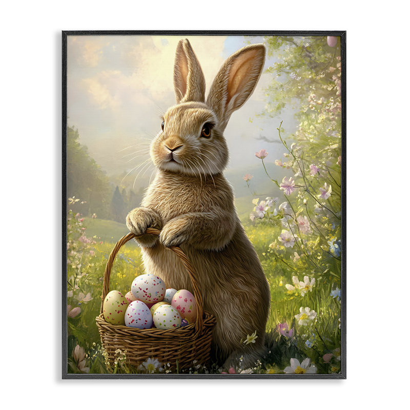 Lapin avec panier de Pâques, estampe numérique, design par Franklyn Gregory, H 20 po x l 16 po, Giclée encadrée noir minuit