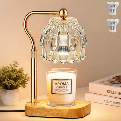 Lampe de bougie avec gradateur de minuterie, chauffe-bougie moderne pour pot de cire parfumée avec 2 ampoules, lampe en verre à hauteur réglable pour les cadeaux pour les femmes, cadeaux de réchauffement de la maison, décoration intérieure, or transparent