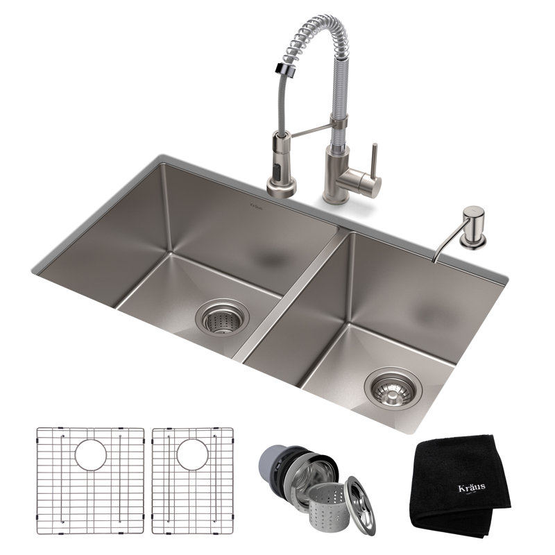Évier de cuisine à double cuve avec robinet encastrable L 33 po x l 19 po Standart PRO ™, Acier inoxydable / chrome
