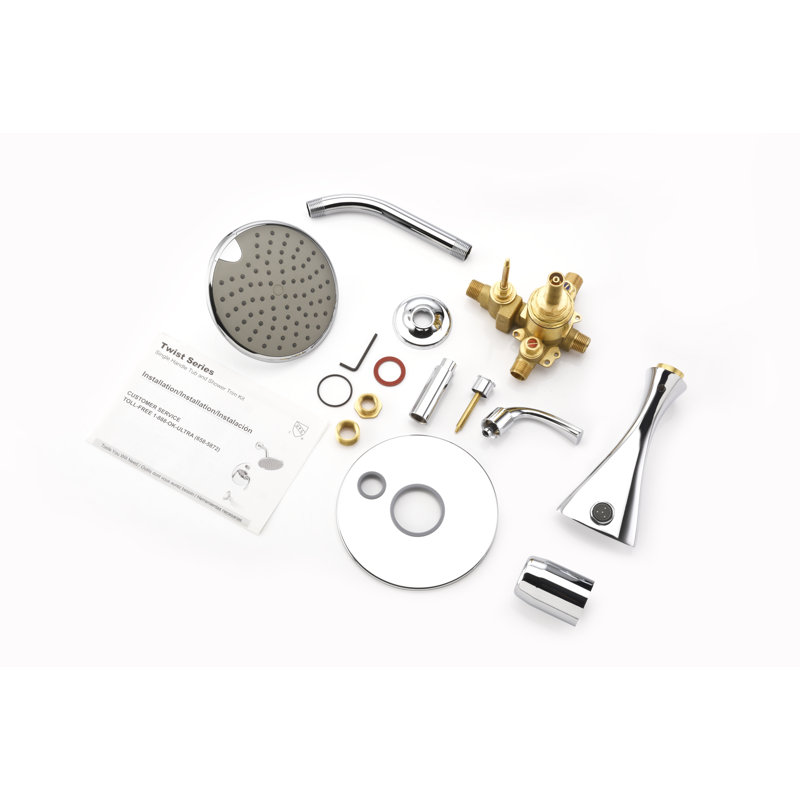 Système de garniture de douche Ultra Faucets Twist Collection: pomme de douche ronde de 6 po, ensemble de poignées simples, bec de baignoire et valve brute inclus - chrome poli