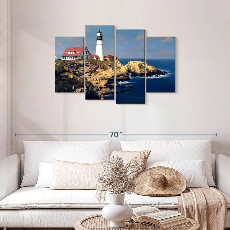 Phare côtier avec maisons rouges, H 27 po x l 43 po