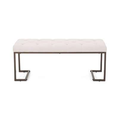 Upholstered Button Bench In Beige And Bronze, Modern Look, Straight Lines, Open Structure, Smooth Finish Legs, Polished Metal Diamond Stitch, Iron Frame, 44.74 Deep, 15.5 Wide, 19.26 Tall, 19.36 Lb,