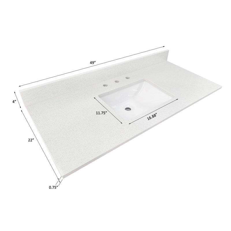 49 Inch Snow White Engineered Vanity Top With Sink & Backsplash, Snow White