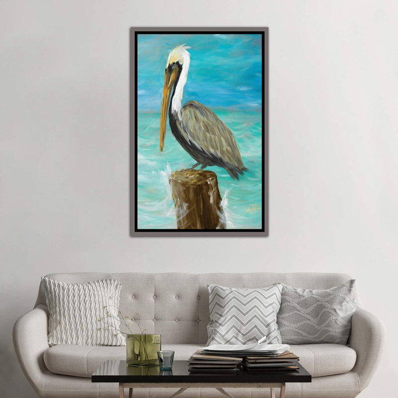 «Single Pelican On Post» par Julie Derice - reproduction imprimée, H 40 po x l 60 po x 1,5 po, Cadre en bois rustique foncé