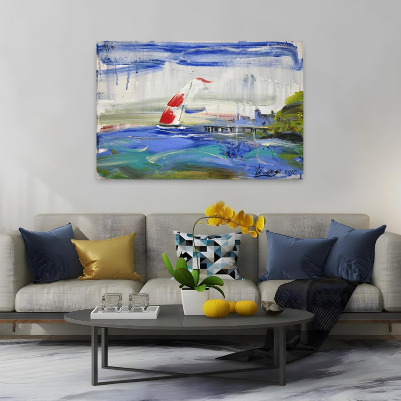 Voile sur une eau bleue abstraite colorée, paysage côtier impressionniste, art mural, H 40 po x l 60 po
