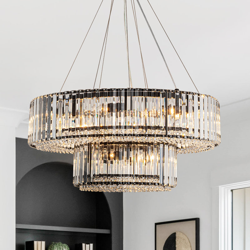 Theresa 12-Light Double-Tier Triangle Crystal Chandelier, Matte Black
