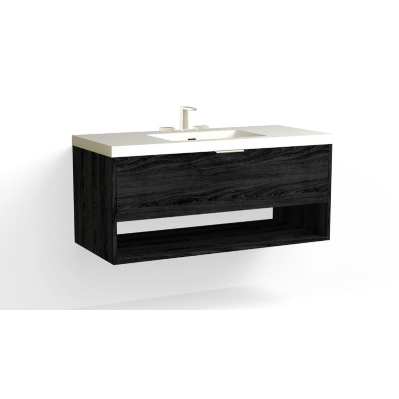Modo 48" W Wall Mounted Single Bathroom Vanity, Glossy White/8" Widespread, Polished Nickel, Nocino