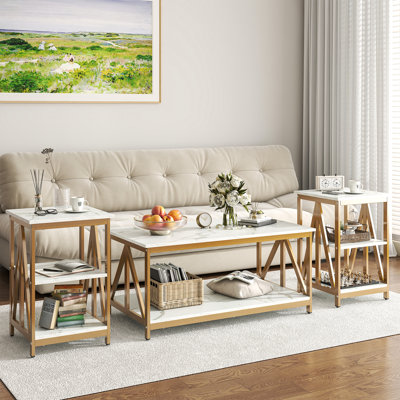 Ebern Designs Living Room Coffee Table Set of 3, Industrial Triangular-Design Coffee Table and 2 End Side Tables, 3 Piece Living Room Table Set with L