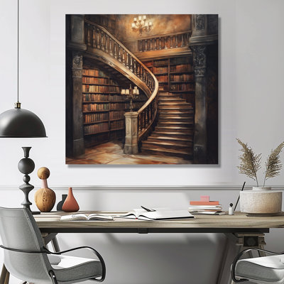 «Stairway Through the Stacks - Bibliothèque, art mural en métal, impression sur métal