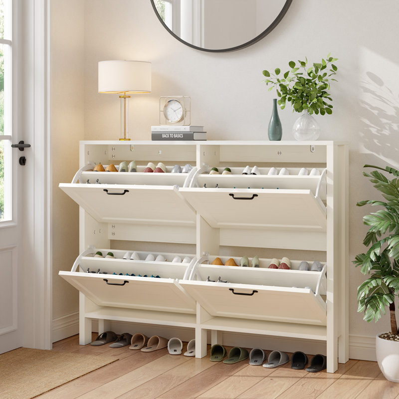 Slim Shoe Storage Cabinet with Doors and Adjustable Shelves for Entryway, White, 37" H x 47.4" W x 9.2" D