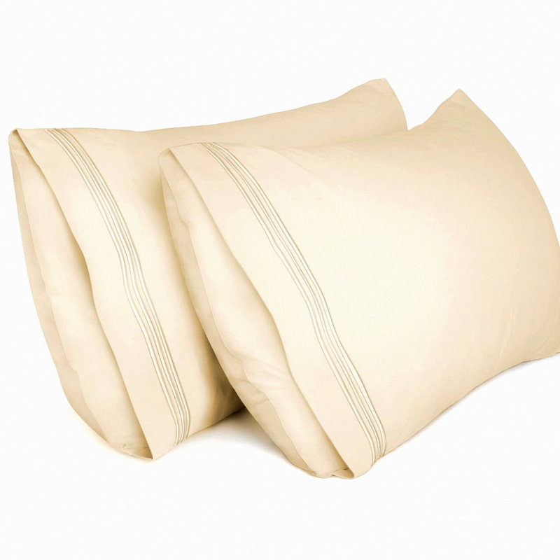 Embroidered Microfiber Pillowcase Set - 2 Pack 1800 Thread Count Soft Brushed Pillow Cases, Wrinkle Free Breathable Beige - Machine Washable