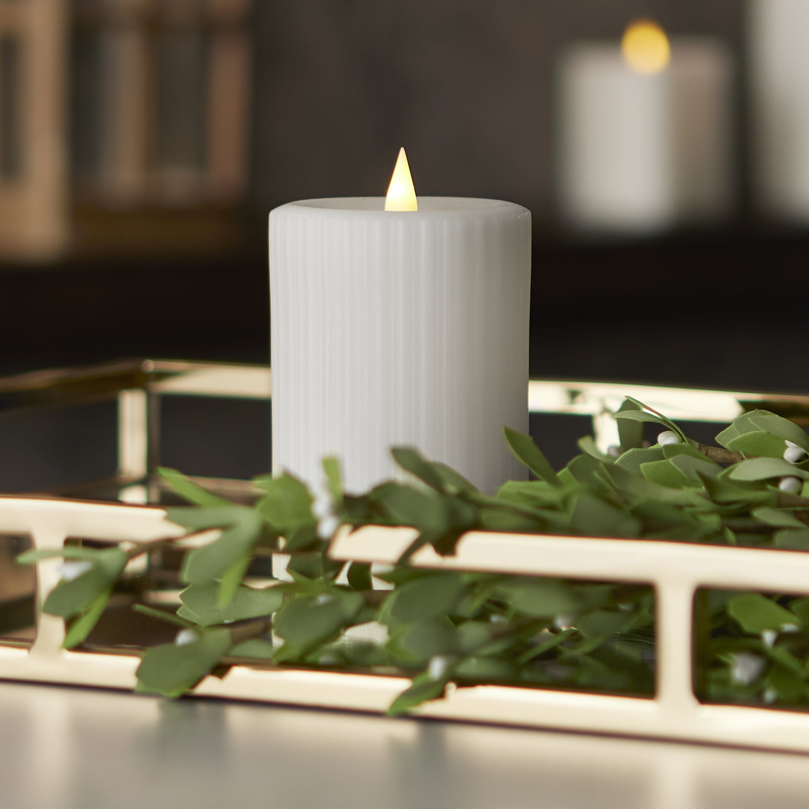 Ribbed Paraffin Wax Moving Flame Flameless Candle, White