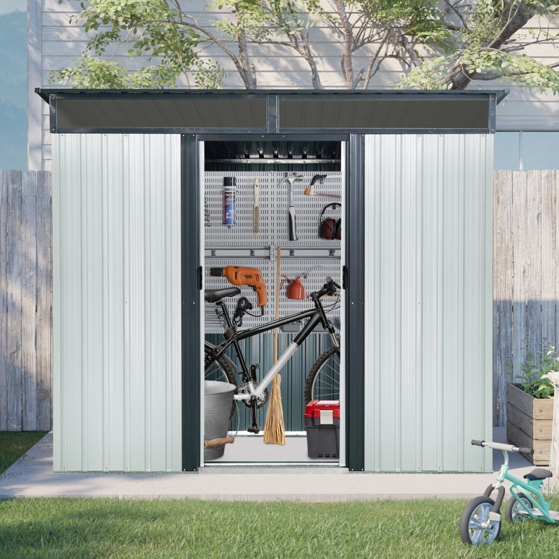 8 Ft X 6 Metal Shed, With Rust- Steel & Ventilation Windows Outdoor Tool Shed 8X6 Ft, -Proof, Spacious Inside, White/Black