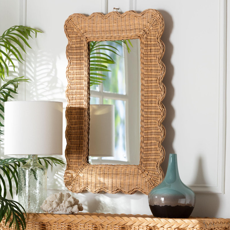 Bali & Pari Makoto Scalloped Natural Rattan Wall Mirror - Handwoven Wicker Rectangle Frame, Boho Coastal Accent Wall Decor For Entryway, Bedroom, Or Living Room