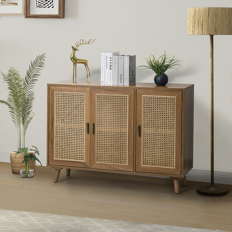Hearn 109 cm Modern Wide Sideboard with 3 Rattan Doors, Walnut