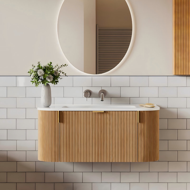 Meuble-lavabo mural simple 36 po avec comptoir en céramique, Tiroir à poignée dorée, 36"