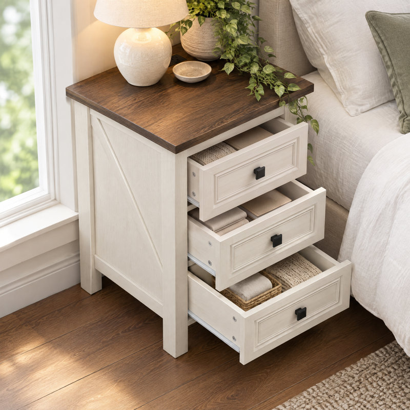 Table de chevet Brigman 18 po L à 3 tiroirs de style campagnard avec station de recharge, table d'appoint en bois pour chambre à coucher