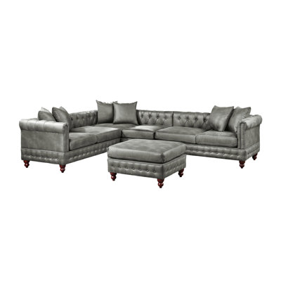 Canapé modulaire de luxe respirant gris ardoise, 4 pièces avec rembourrage en fibres réversible, méridienne et assise