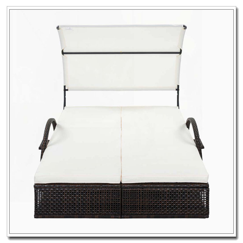 Chaise longue d'extérieur en acier avec dossier réglable, lit double de patio avec table d'appoint cachée et accoudoirs arqués