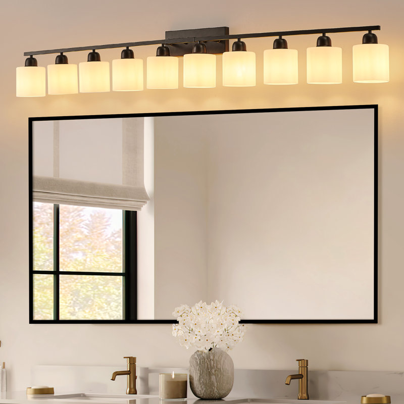  Luminaire de salle de bain à intensité variable 10 lumières avec abat-jour en verre de lait givré, Noir mat, 10 lumières