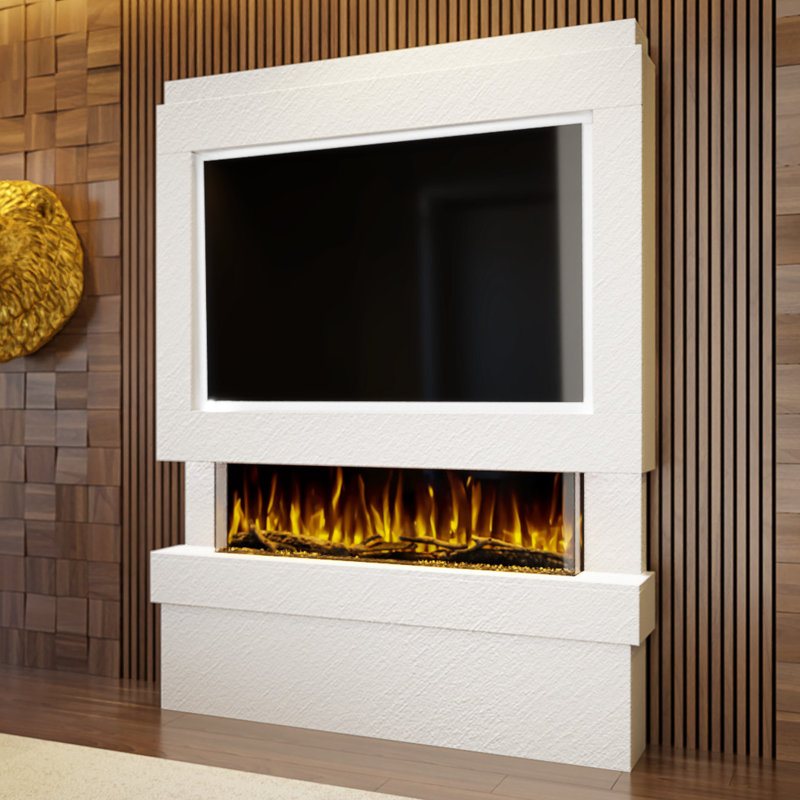 Evolution Fires Pre-Built Media Wall Package 5, finished in textured Venetian Plaster, includes Spectrum Series 44 Series 3-Sided Electric Fireplace