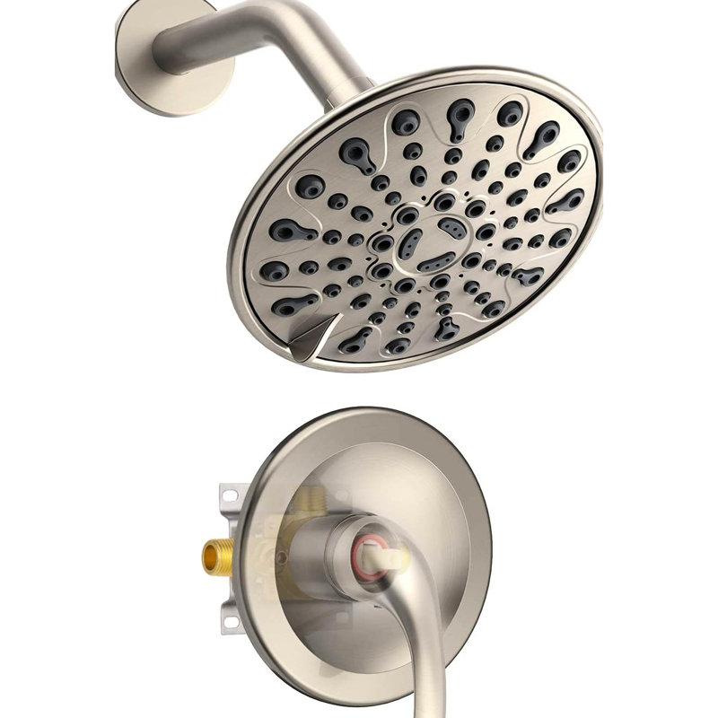 Robinet de douche mural à poignée simple à 6 jets avec valve brute incluse, joint réglable pour 360 directions, trous, réglage de la température du levier, fonctions du corps en plastique nickel brossé