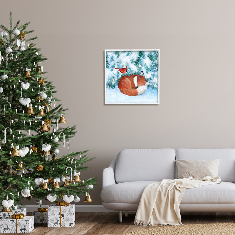 Ba-801 - Renard endormi dans la neige encadré sur bois par Emma Leach, Giclée encadrée blanc bord de mer