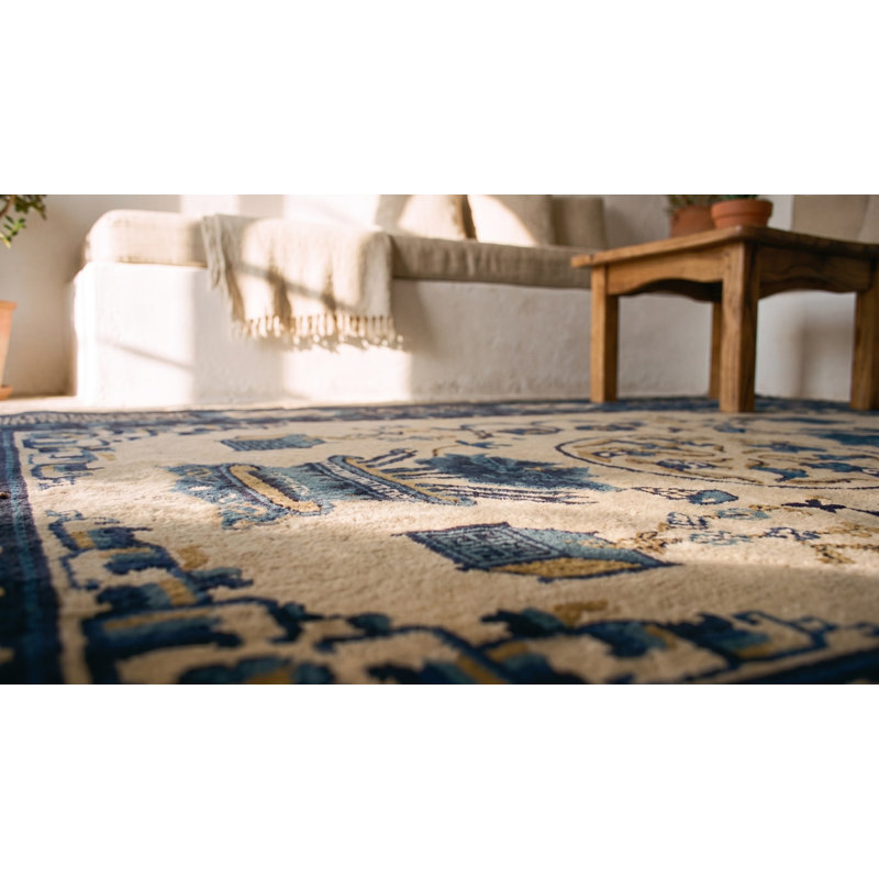 Tapis carré blanc en laine à motif floral noué à la main blanc et bleu