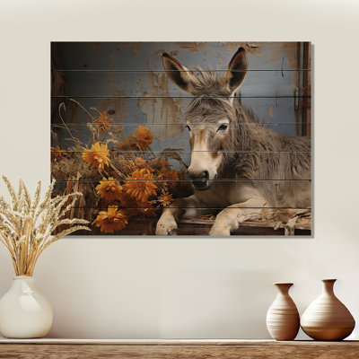Farmhouse Donkeys Flower Charm I - âne sur bois