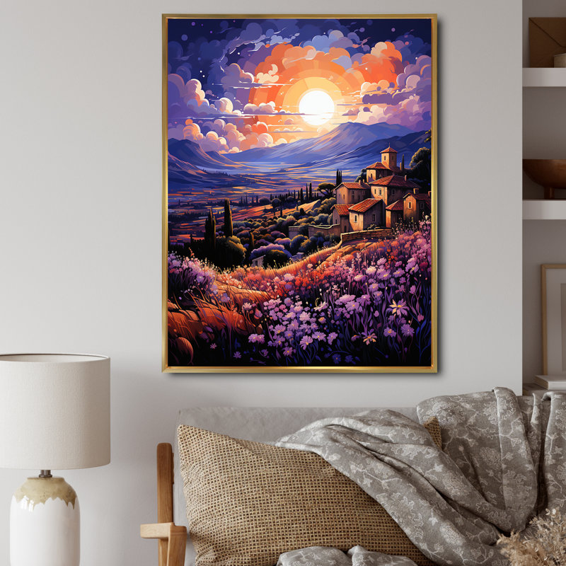 Espagne, champs de lavande I - art mural sur toile florale, H 20 po x l 12 po x P 1 po, Cadre flottant doré