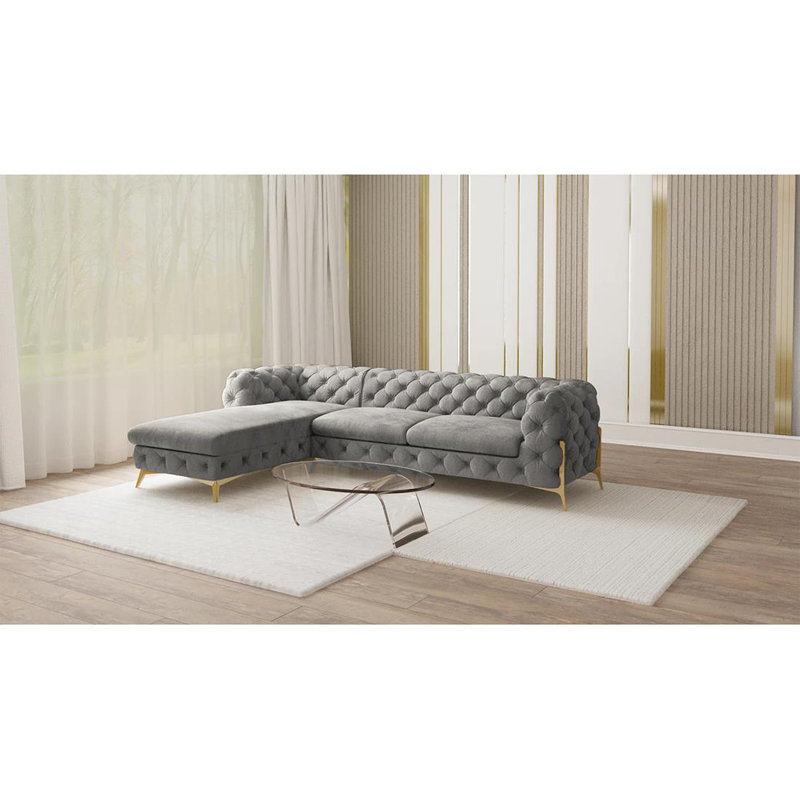 Corner Chaise Chesterfield Sofa  with Gold Metal Legs, Grey, Left Hand Facing
