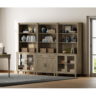 72.1"H X 101.6"W 3-Tier Bookcase With One Drawer And Three Cabinets, Set Of 3 Bookcases Farmhouse Bookshelves For Living Room Bedroom Home Office Kitchen, Wash Gray