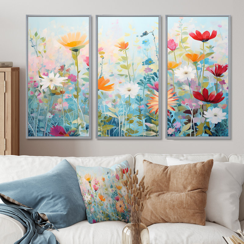 Ensemble de salon Meline - Fleurs sauvages, Encadrement argenté, H 40 po x l 60 po x P 1 po