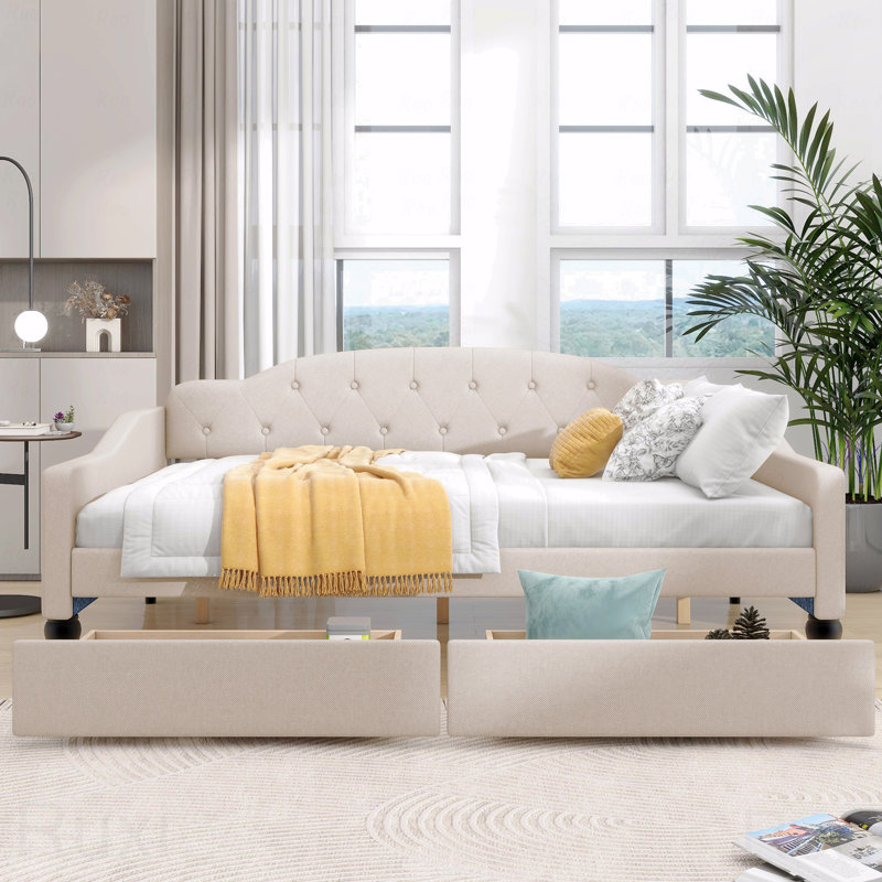 Full Upholstered Tufted Daybed Frame, 2 Drawers