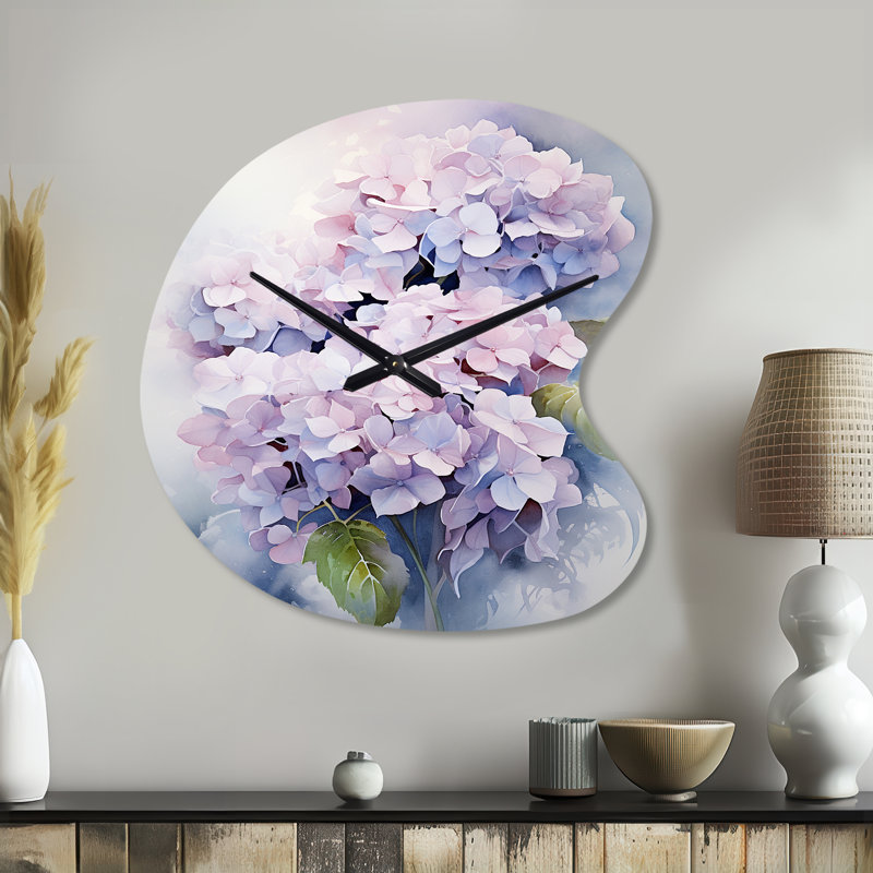 Purple Hydrangea Graceful Whispers - Hydrangea Asymmetrical Metal Wall Clock, Purple Unique Shape Metal Clock Print, Large