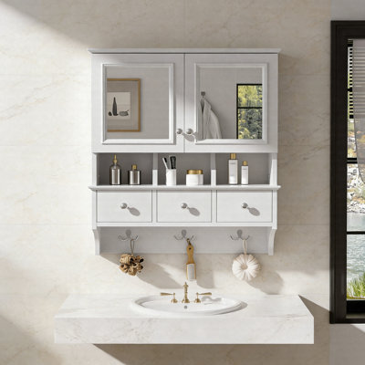 4-In-1 Bathroom Mirror Cabinet, 24" Wall-Mounted Medicine Cabinet With Drawers, Organizer Hooks & High-Definition Mirrors
