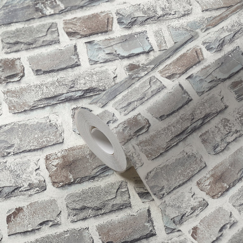 Bricks and More Collection Stone Brick Wallpaper Roll, Gray