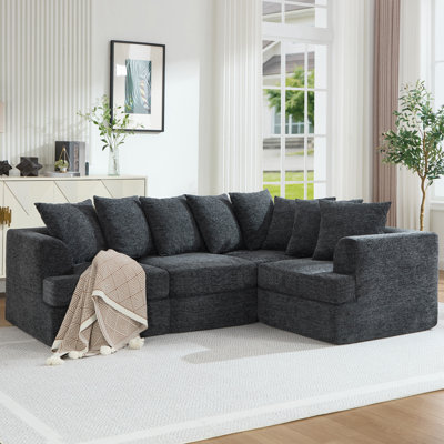 226cm L-shaped Compression Sofa, Chenille Gray, Nordic Modern Style with Semi-arc Arms