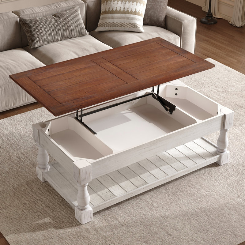 Table basse à plateau relevable Farmhouse, Blanc ancien, Espresso antique