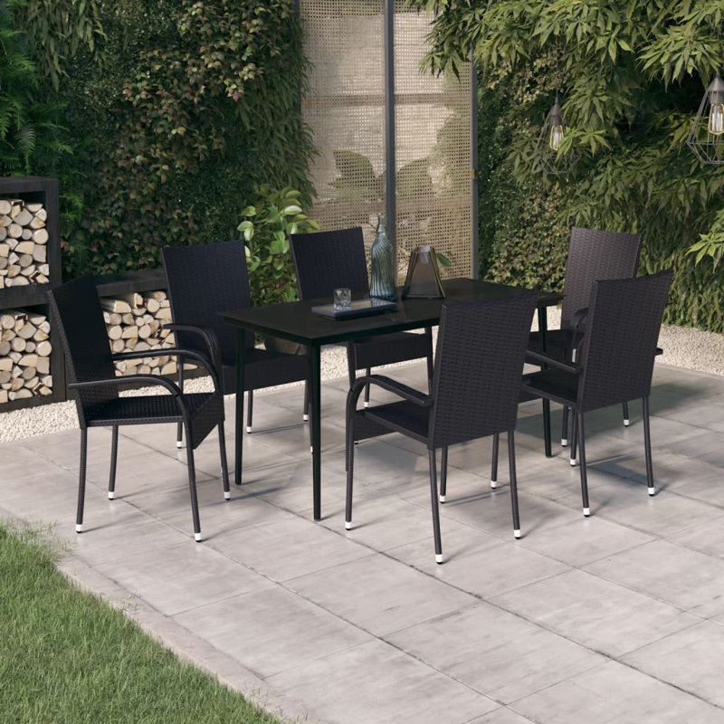 Adden 6 - Person Wicker Patio Dining Set with Rectangular Table, 74cm H x 140cm W x 70cm D, Black