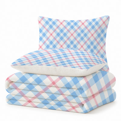 Premium Flannel Lightweight Blanket & 2 Pillow Shams Set with Blue & Pink Pastel Gingham Check, Ultra-Soft & Warm Cozy Bedding Set for All-Season, 60" x 80" Blanket + 2 Pillowcases Anti-Pilling & Machine Washable(Set of 3)