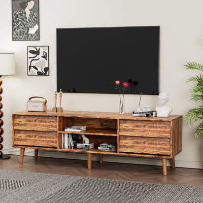 Meuble télé de style rétro avec fonction biseautée. Meuble audio-vidéo pour la maison. Vaste espace avec 2 tablettes et 4 tiroirs. Qualité, pieds en bois massif. Convient aux téléviseurs de 60 po Installation facile au centre de 63 po