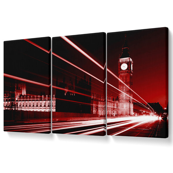 Ebern Designs London Big Ben City Lights Red - 3 Piece Wrapped Canvas ...