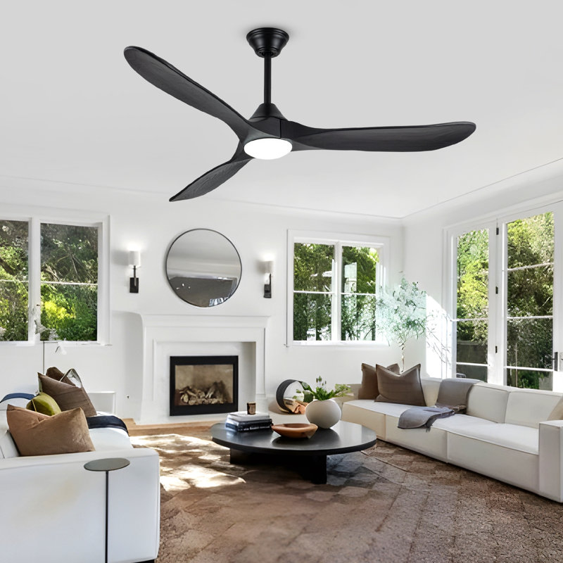 3 Blade Smart Solid Wood Ceiling Fan With Dimmable LED Light & Remote, Reversible DC Motor, 52" Wide, Black