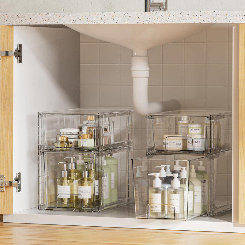 4 Pack Plastic Under Sink Organization With Handles,Stackable