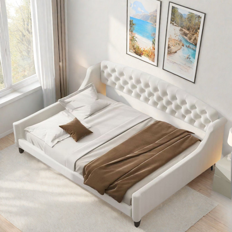 Lit de jour moderne avec bouton capitonné et pieds solides, Beige